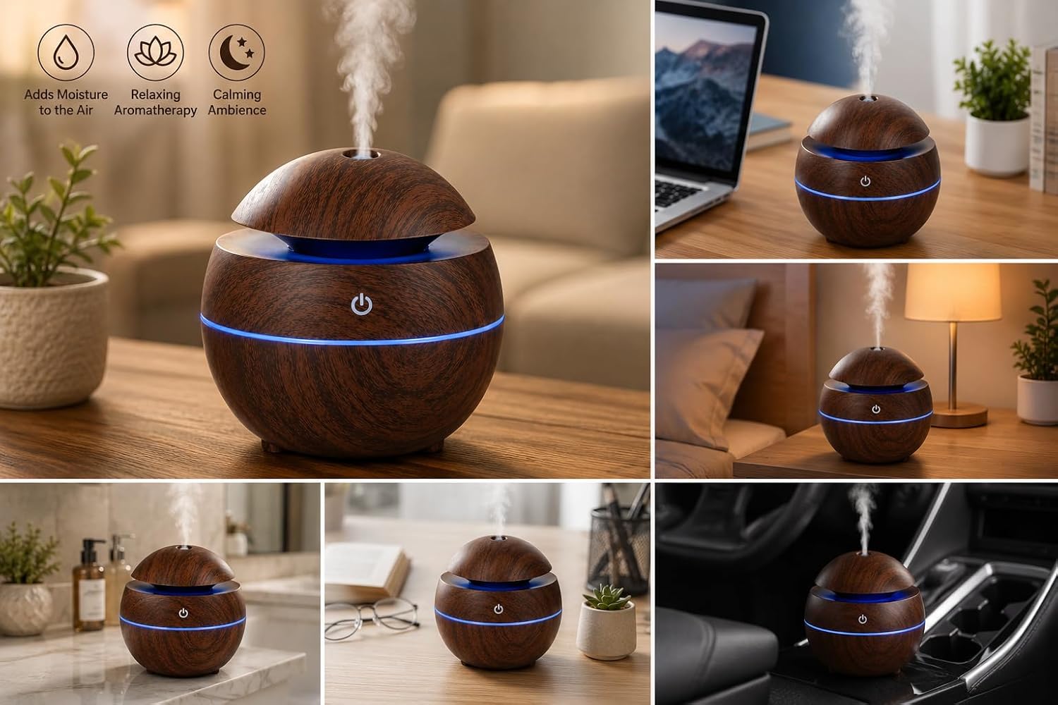 Wooden Ultrasonic Aroma Humidifier with 7 Color LED Light | USB Powered