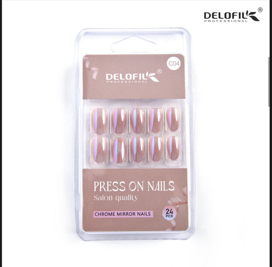 Delofil Premium Chrome Nails (Salon Like Nails) 24 Nails in box | Nail Buffer |Glue tabs Included - C04