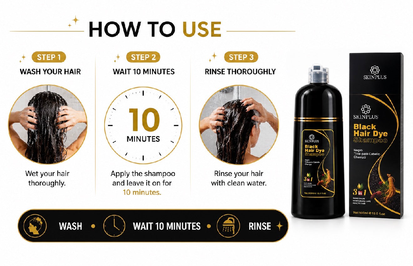 SKINPLUS Black Hair Dye Shampoo 500ml | Natural Black Hair Color | 3-in-1 Hair Color Shampoo