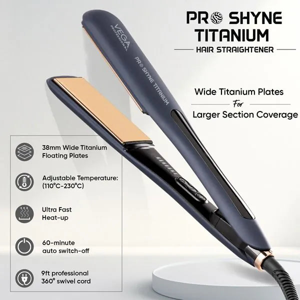 Vega Professional Pro-Shyne Titanium Hair Straightener with 38mm wide Rose Gold Titanium Floating Plates for Enhanced Shine - VPPHS-14