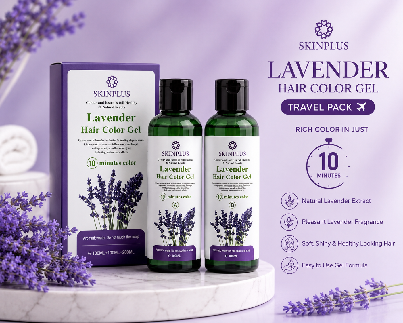 SkinPlus Lavender Hair Color Gel Travel Pack | 10-Minute Hair Color | Long-Lasting Grey Coverage | 200ml (100ml + 100ml)