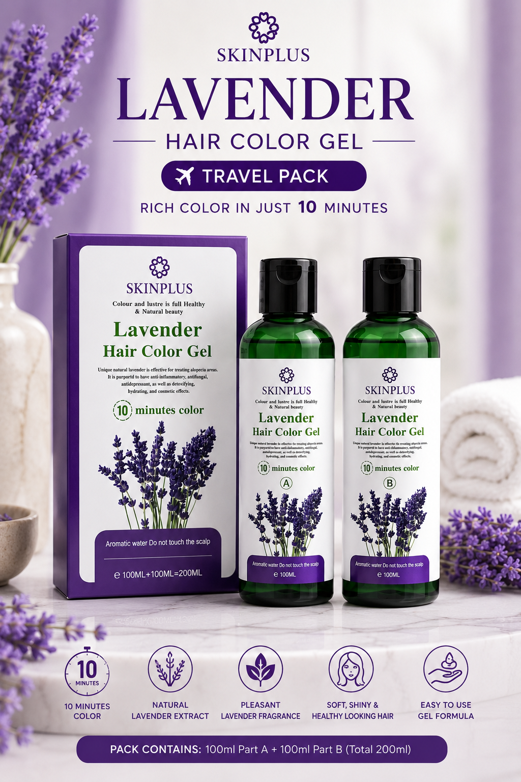 SkinPlus Lavender Hair Color Gel Travel Pack | 10-Minute Hair Color | Long-Lasting Grey Coverage | 200ml (100ml + 100ml)