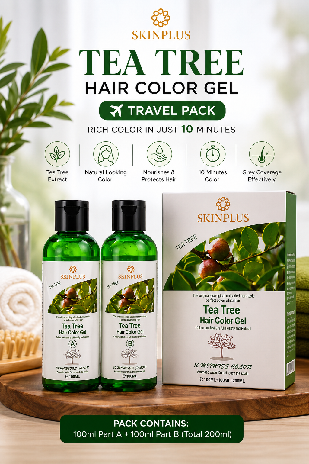 SkinPlus Tea Tree Hair Color Gel Travel Pack | 10-Minute Hair Color | Long-Lasting Grey Coverage | 200ml (100ml + 100ml) - NATURAL BLACK