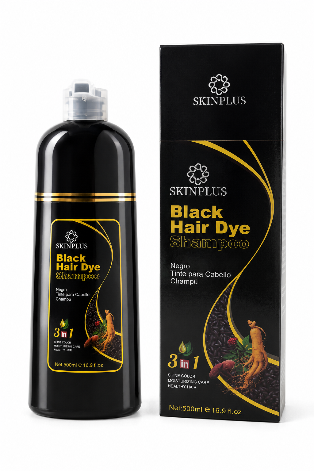 SKINPLUS Black Hair Dye Shampoo 500ml | Natural Black Hair Color | 3-in-1 Hair Color Shampoo