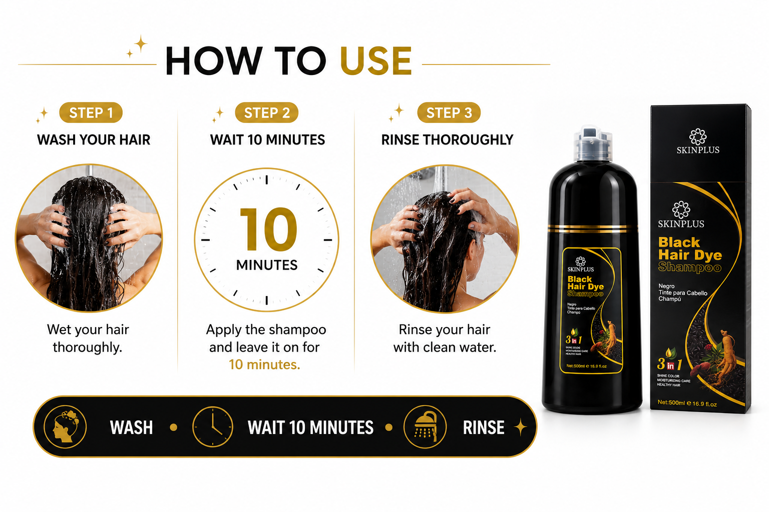 SKINPLUS Black Hair Dye Shampoo 500ml | Natural Black Hair Color | 3-in-1 Hair Color Shampoo