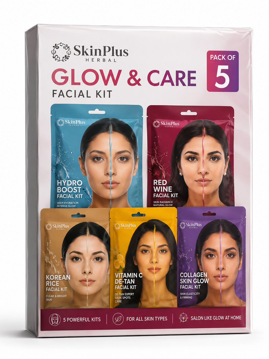 SkinPlus Professional Glow & Care Facial Kit Combo | Pack of 5 | Hydro Boost, Red Wine, Korean Rice, Vitamin C De-Tan & Collagen | Salon Professional Formula