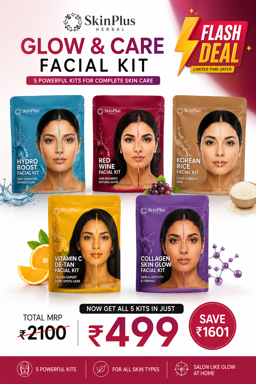 SkinPlus Professional Glow & Care Facial Kit Combo | Pack of 5 | Hydro Boost, Red Wine, Korean Rice, Vitamin C De-Tan & Collagen | Salon Professional Formula