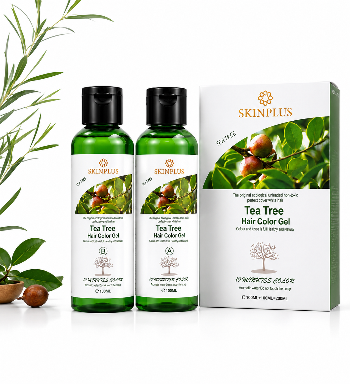 SkinPlus Tea Tree Hair Color Gel Travel Pack | 10-Minute Hair Color | Long-Lasting Grey Coverage | 200ml (100ml + 100ml) - NATURAL BLACK