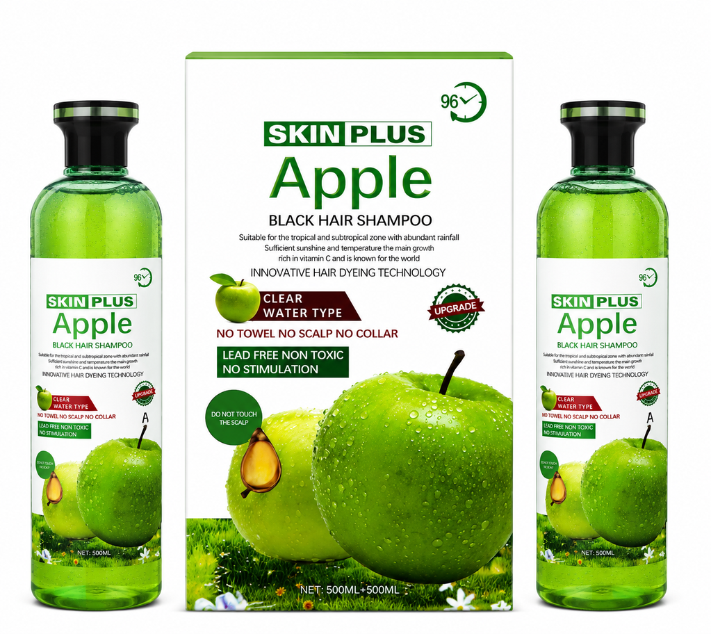 SKIN PLUS Apple Black Hair And Beard Shampoo (A+B Set) – Latest Clear Water Technology | No Skin • No Collar • No Towel Stains | Best Instant Grey Coverage 500ml+500ml