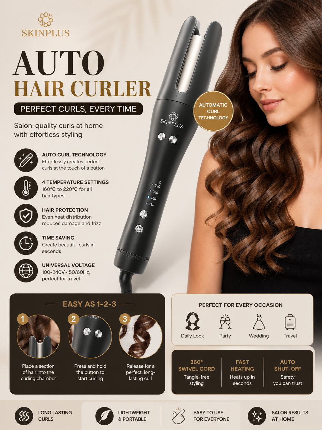 Skinplus Auto Hair Curler - Titanium Plates Inside | One Year Warranty From Official Store | LONG CURL HOLD