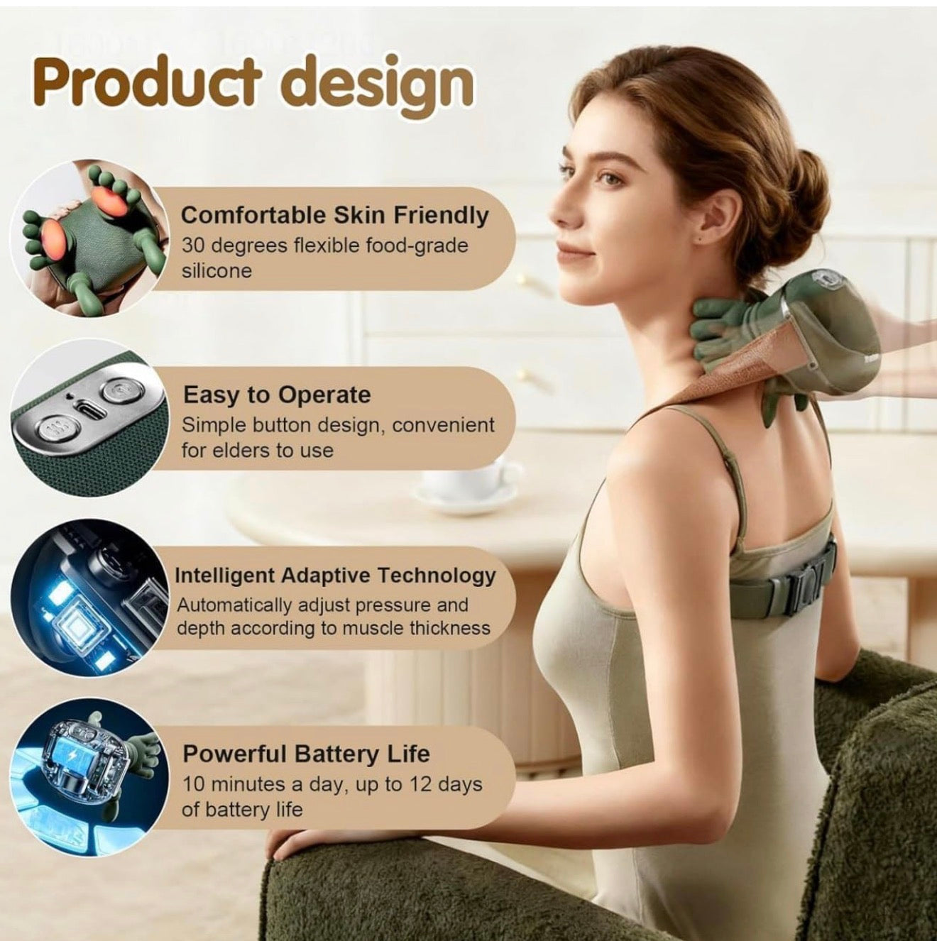 Wireless Neck Massager with Heat, Deep Tissue 3D Kneading Shoulder Massager, Portable Rechargeable Cervical Pain Relief Device for Neck, Back, Shoulder - Green