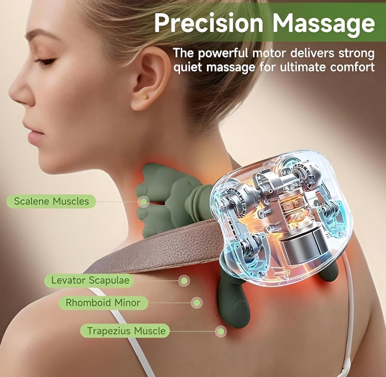 Wireless Neck Massager with Heat, Deep Tissue 3D Kneading Shoulder Massager, Portable Rechargeable Cervical Pain Relief Device for Neck, Back, Shoulder - Green