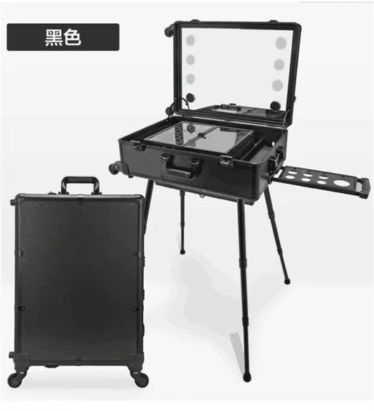 Makeup Trolley Case with LED Lights, Mirror & Adjustable Legs | Portable Vanity Station for Makeup Artists