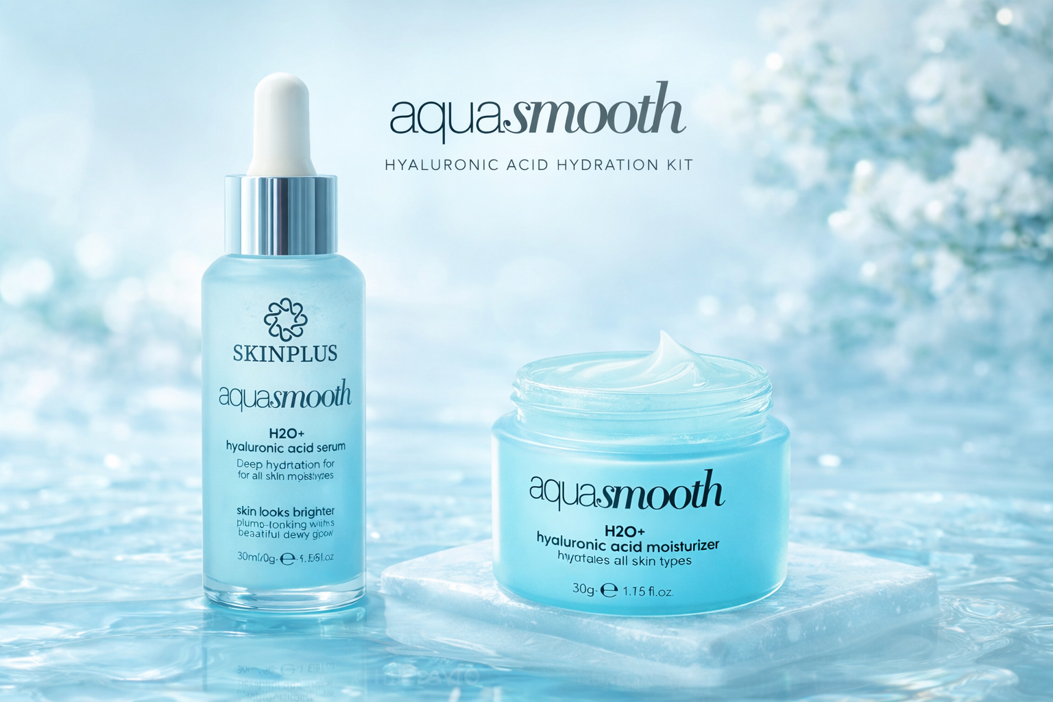 Skinplus Aqua Smooth H2O+ Hyaluronic Acid Hydration Skincare Kit – Deep Moisturizing Serum + Cream - EARLY BIRD DEAL