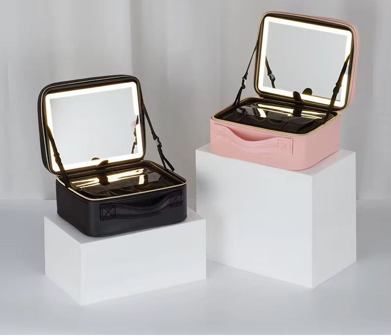 TRAVEL VANITY LED Makeup Organizer Case with Adjustable Dividers & Mirror new