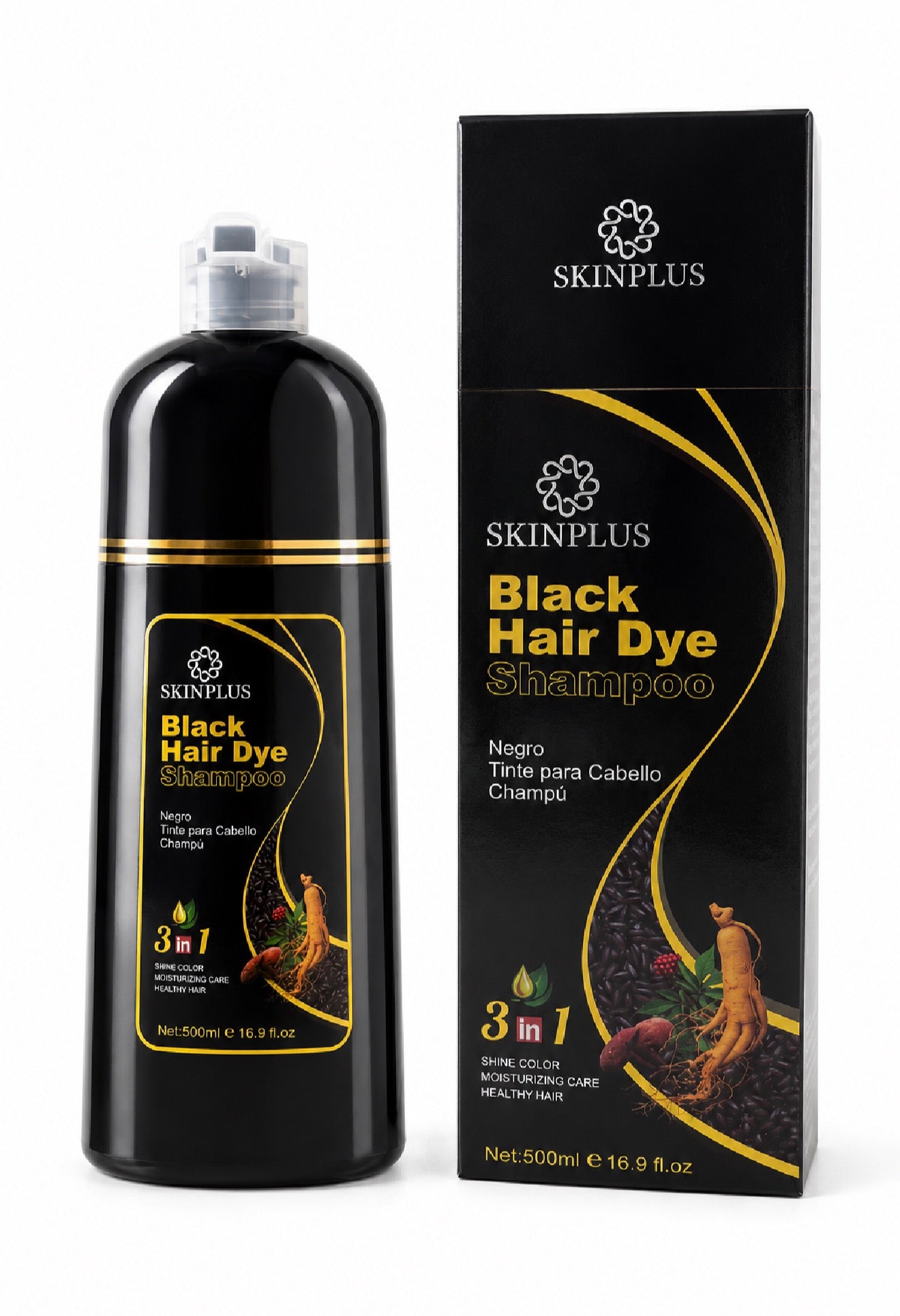 SKINPLUS Black Hair Dye Shampoo 500ml | Natural Black Hair Color | 3-in-1 Hair Color Shampoo