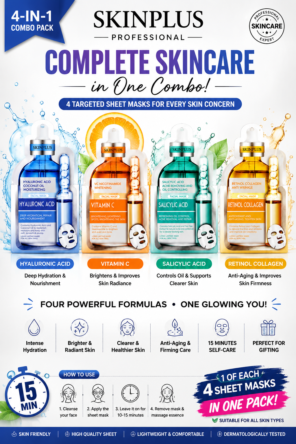 SKINPLUS Professional 4-in-1 Sheet Mask Combo Pack | Hyaluronic Acid, Vitamin C, Salicylic Acid & Retinol Collagen | Pack of 4