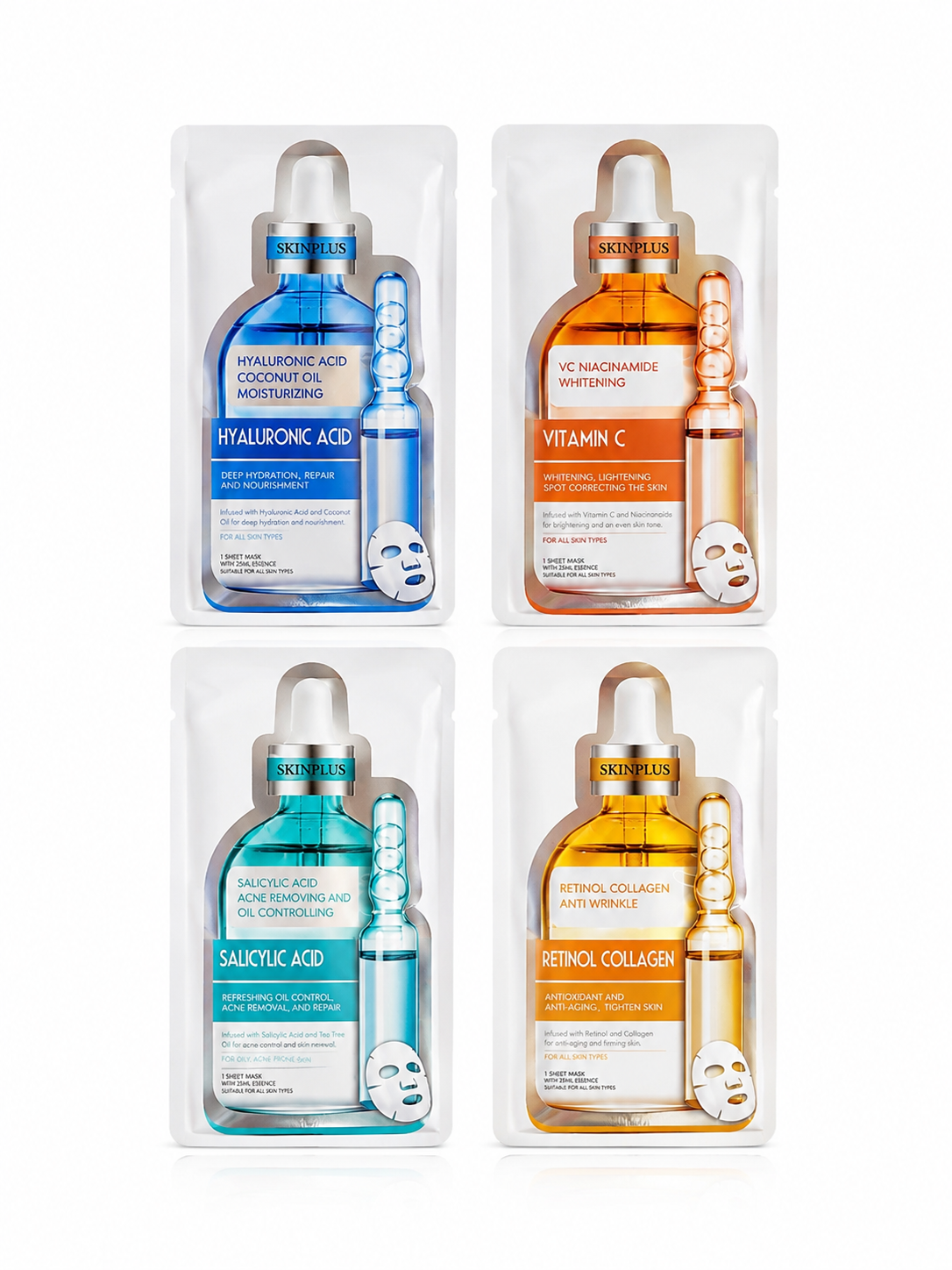 SKINPLUS Professional 4-in-1 Sheet Mask Combo Pack | Hyaluronic Acid, Vitamin C, Salicylic Acid & Retinol Collagen | Pack of 4