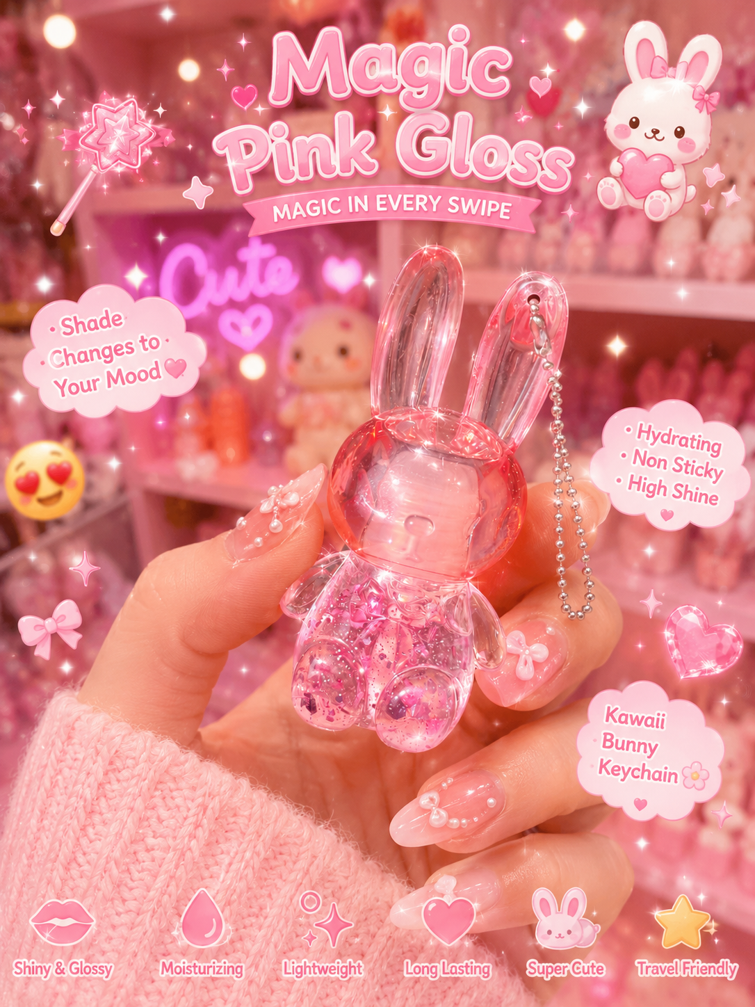Kawaii Bunny Magic Pink Lip Gloss Keychain – Color Changing Lip Oil | Moisturizing Glossy Shine | Cute Rabbit Design
