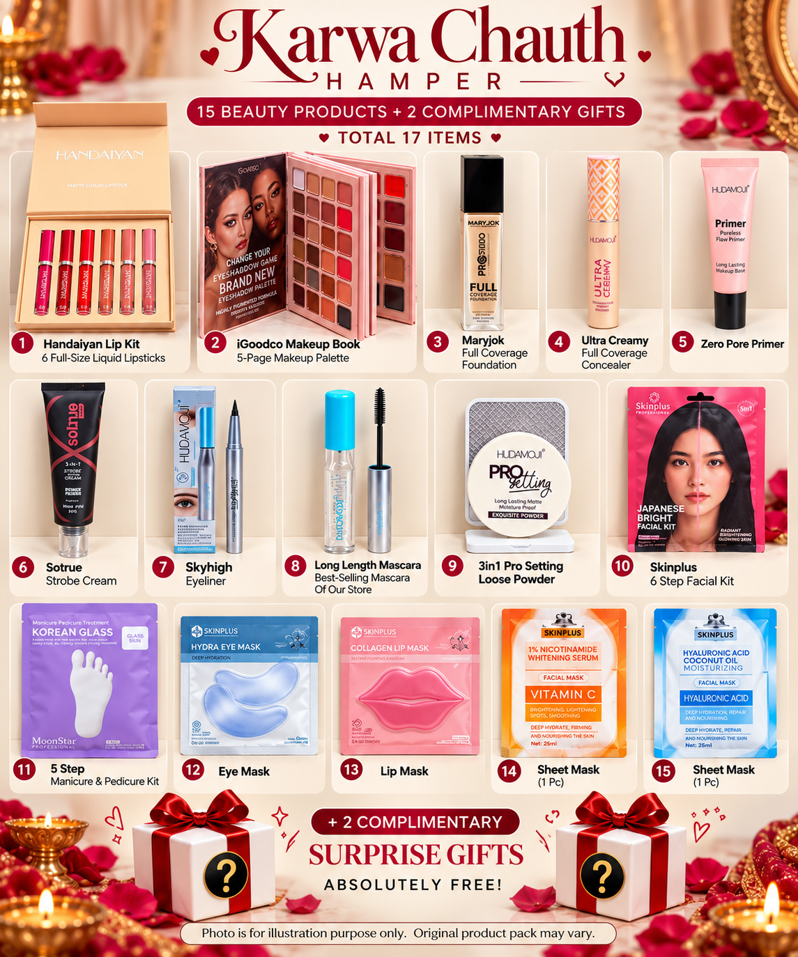 Karwa Chauth Special Luxury Makeup & Skincare Hamper | 15 Beauty Products + 2 FREE Surprise Gifts | Total 17 Items