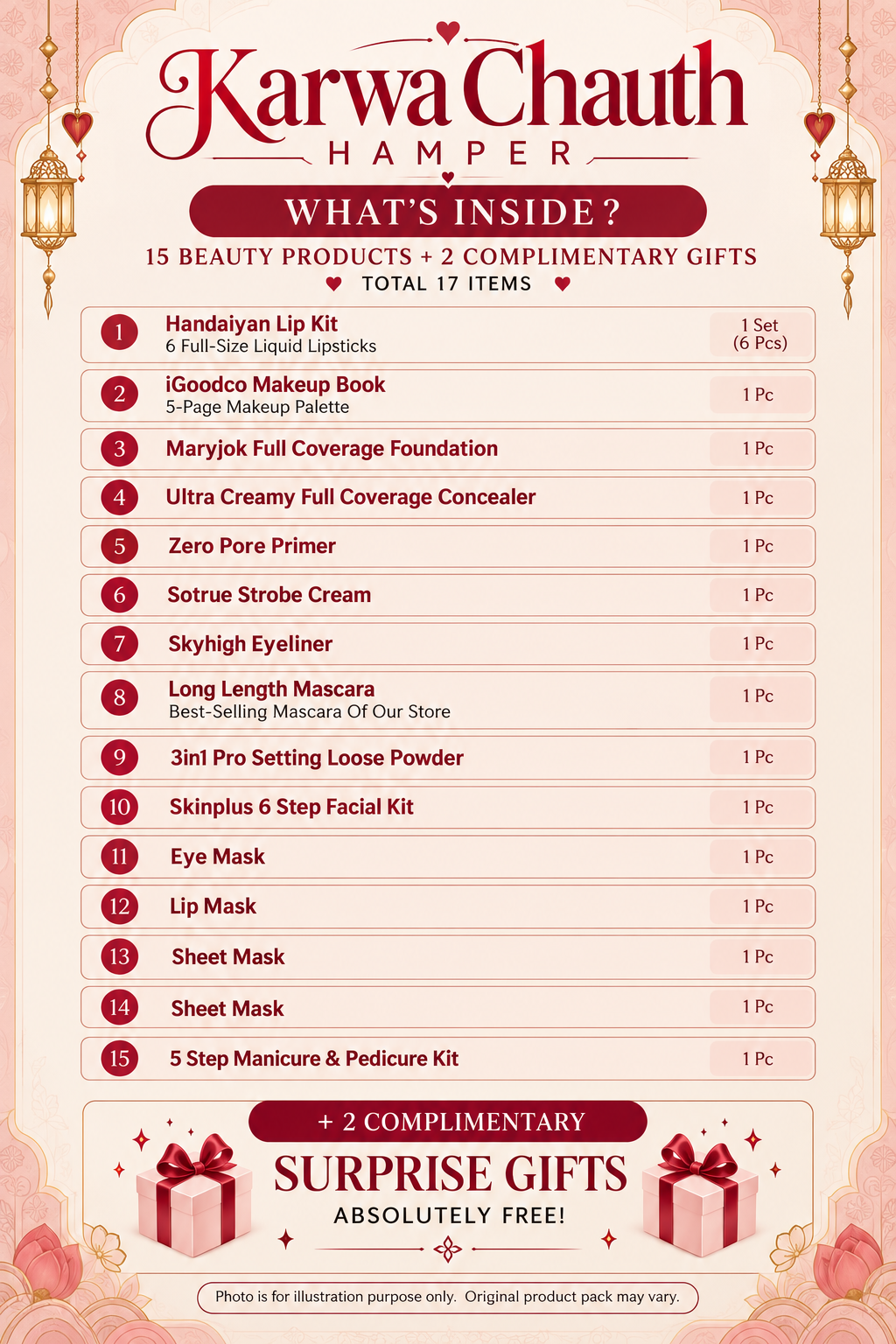 Karwa Chauth Special Luxury Makeup & Skincare Hamper | 15 Beauty Products + 2 FREE Surprise Gifts | Total 17 Items