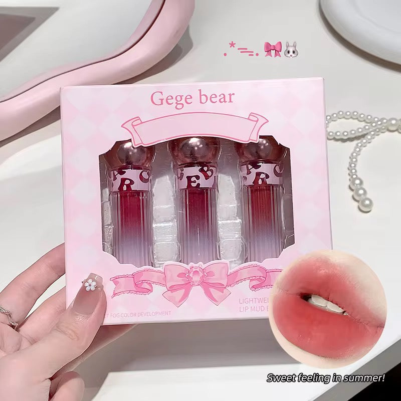 Korean Kawaii Gege Bear Lip Mud Set 🐻💗 | Soft Blur Lips ✨ | Cute Pink Gift Box 🎁