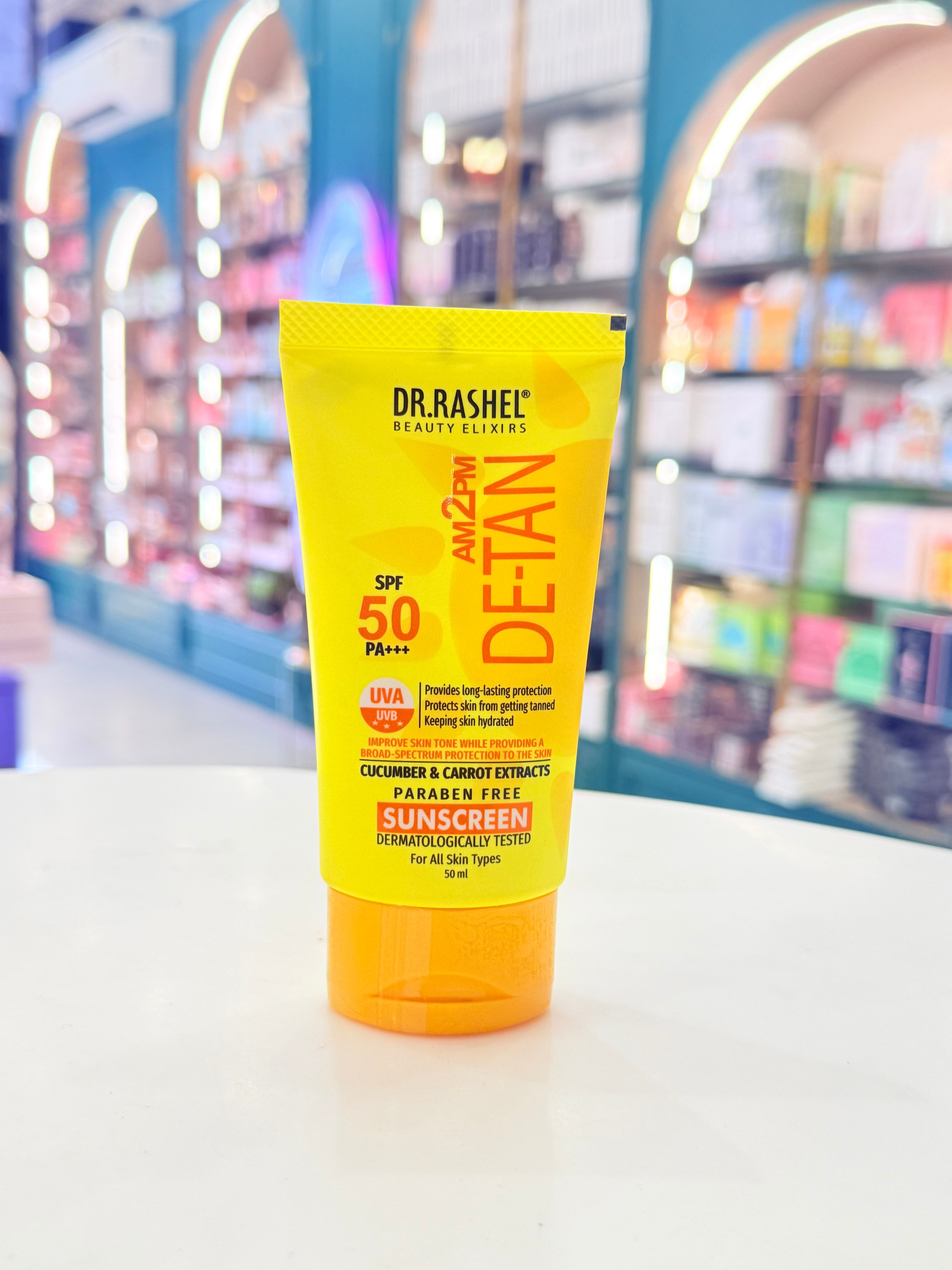 Dr. Rashel AM2PM De-Tan Sunscreen SPF 50 PA+++ – Cucumber & Carrot Extracts, Broad Spectrum Protection | 50ml
