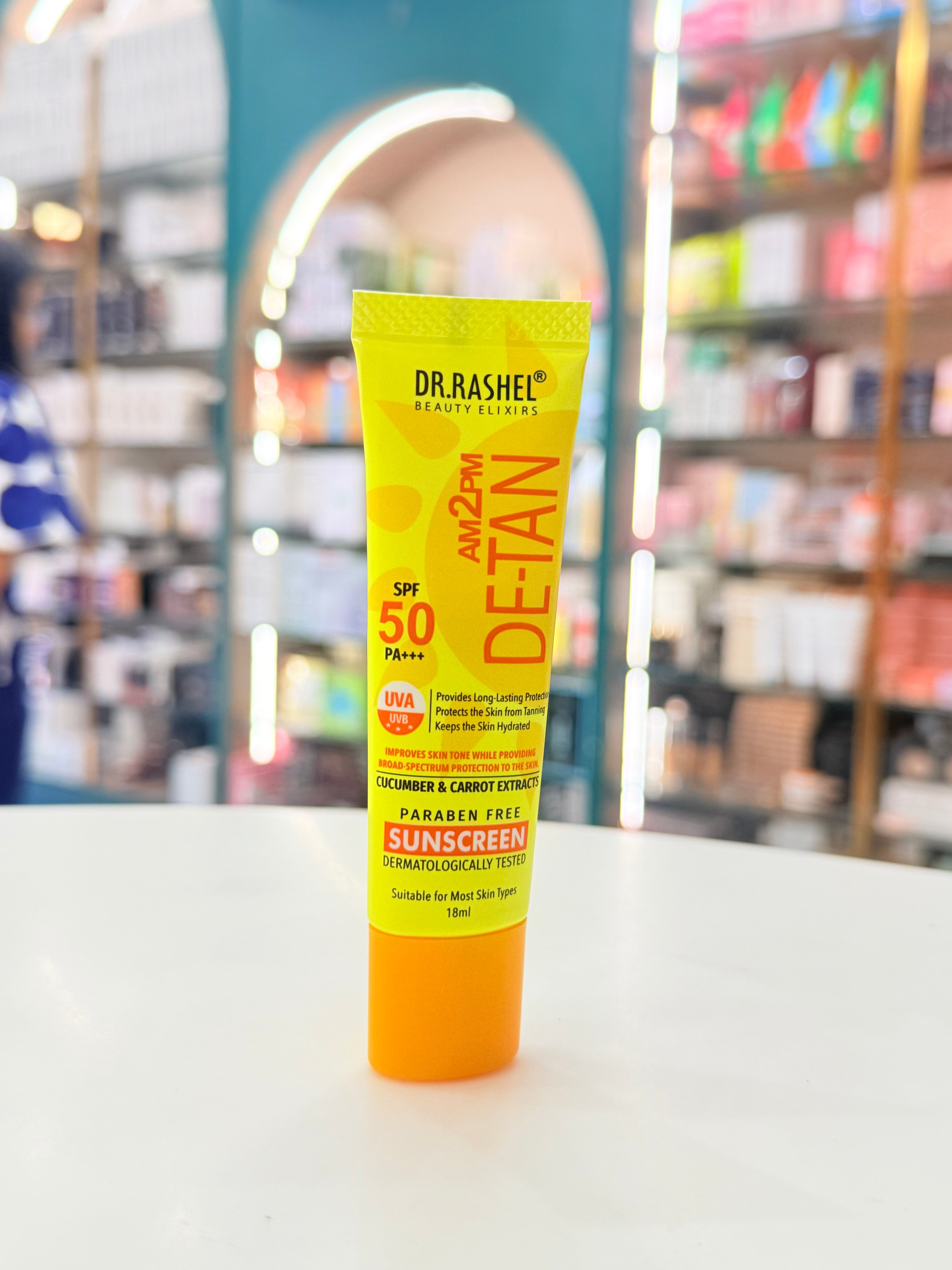 Dr. Rashel AM2PM De-Tan Sunscreen SPF 50 PA+++ – Cucumber & Carrot Extracts, Travel Size | 18ml