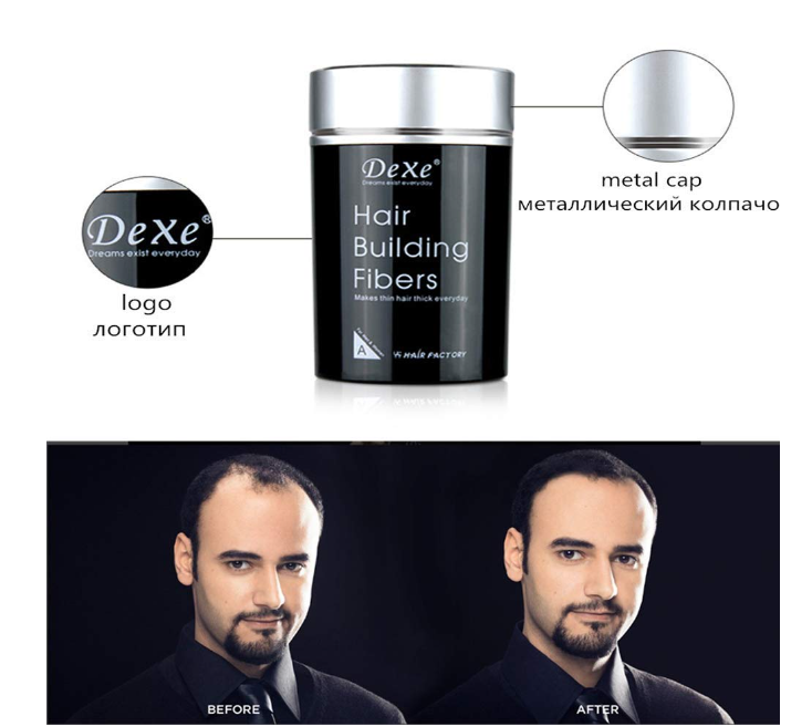 Dexe Hair Thickening And Building Hair Fiber Black Color, Thick hair, Instant results, Plant and cotton based fibers, For men and women (22g) , Black