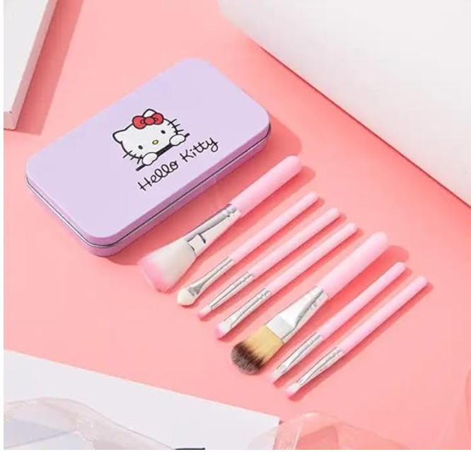 Hello Kitty Soft Makeup Brush Set, 7 Brusher with Portable Storage Box. (Set of 7 Brushes)