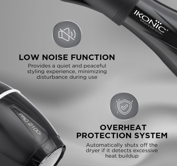 Ikonic Pro 2100+ Hair Dryer 2000W, Black, 3 heat and 2 speed settings, Cool Shot, Low Noise Function Interchangeable Nozzles, Professional Styling, For Women and Men, All Hair Type