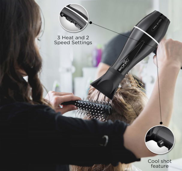 Ikonic Pro 2100+ Hair Dryer 2000W, Black, 3 heat and 2 speed settings, Cool Shot, Low Noise Function Interchangeable Nozzles, Professional Styling, For Women and Men, All Hair Type
