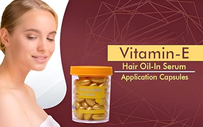 Vitamin-e Hair Capsules, Soften Hairs Serum Capsule, Suitable For Frizzy & Damaged Hair, Bifurcate Rough, Dry or Dull Hairs, Support Hair Growth, Pack Of 60 Capsules
