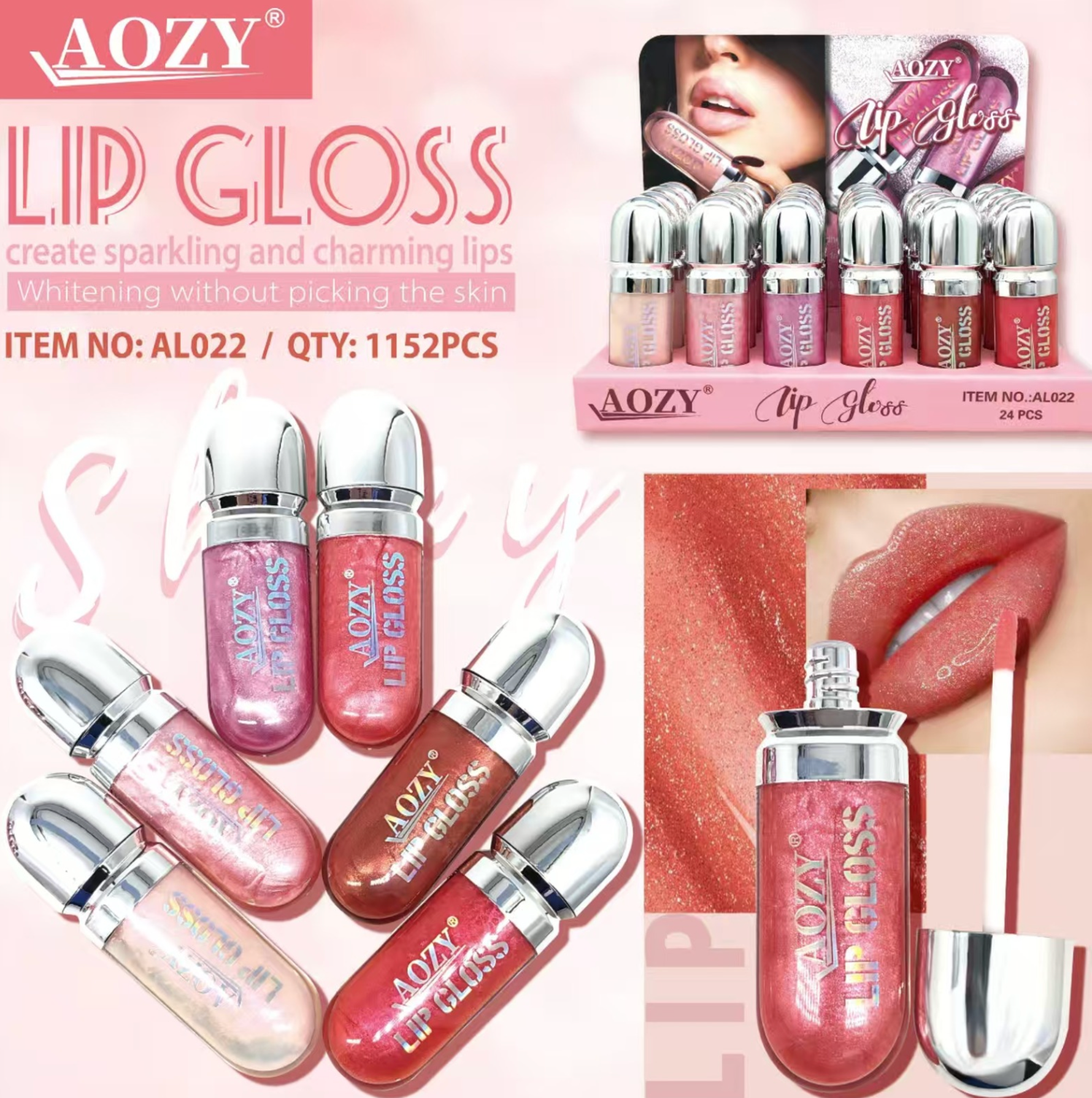 AOZY Shimmer Lip Gloss – Pack of 24 PCS ✨ | High Shine Glitter Finish (Wholesale)