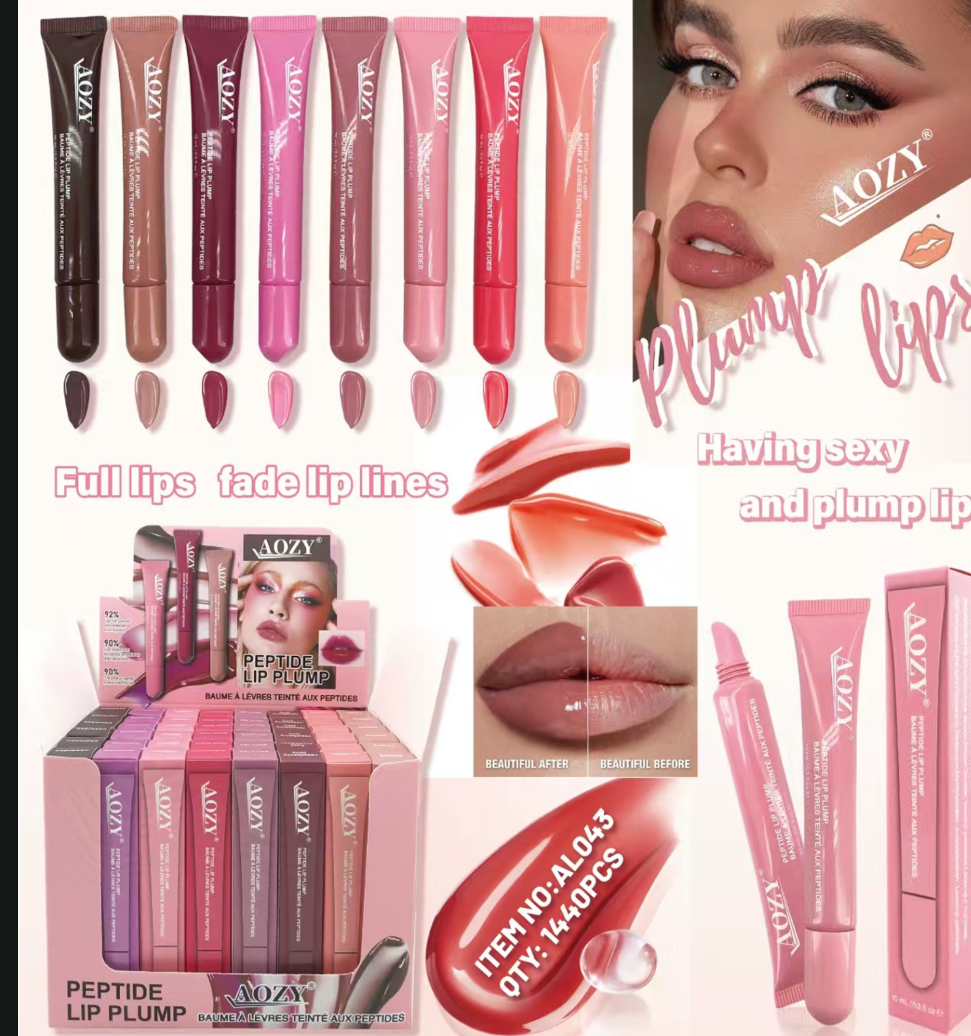 AOZY Peptide Lip Plumper Gloss – Pack of 48 PCS 💋 | Hydrating & Volumizing (Wholesale) - 8 SHADES