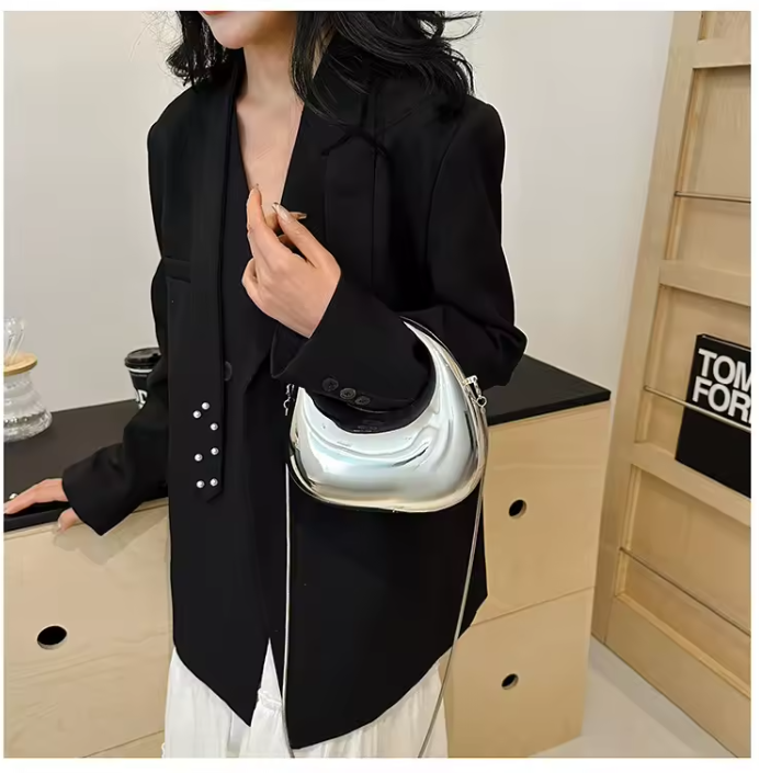 Luxury Mirror Finish Oval Handbag – Premium Metallic Shoulder Bag for Women