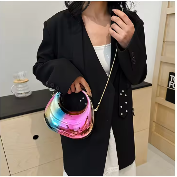 Luxury Mirror Finish Oval Handbag – Premium Metallic Shoulder Bag for Women