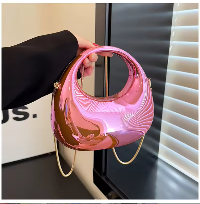 Luxury Mirror Finish Oval Handbag – Premium Metallic Shoulder Bag for Women