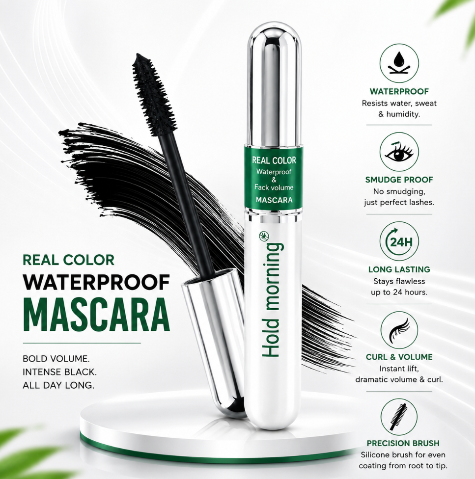 Hold Morning Real Color Waterproof Mascara | Long Lasting | Smudge Proof | Curl & Volume | Intense Black | Precision Silicone Brush