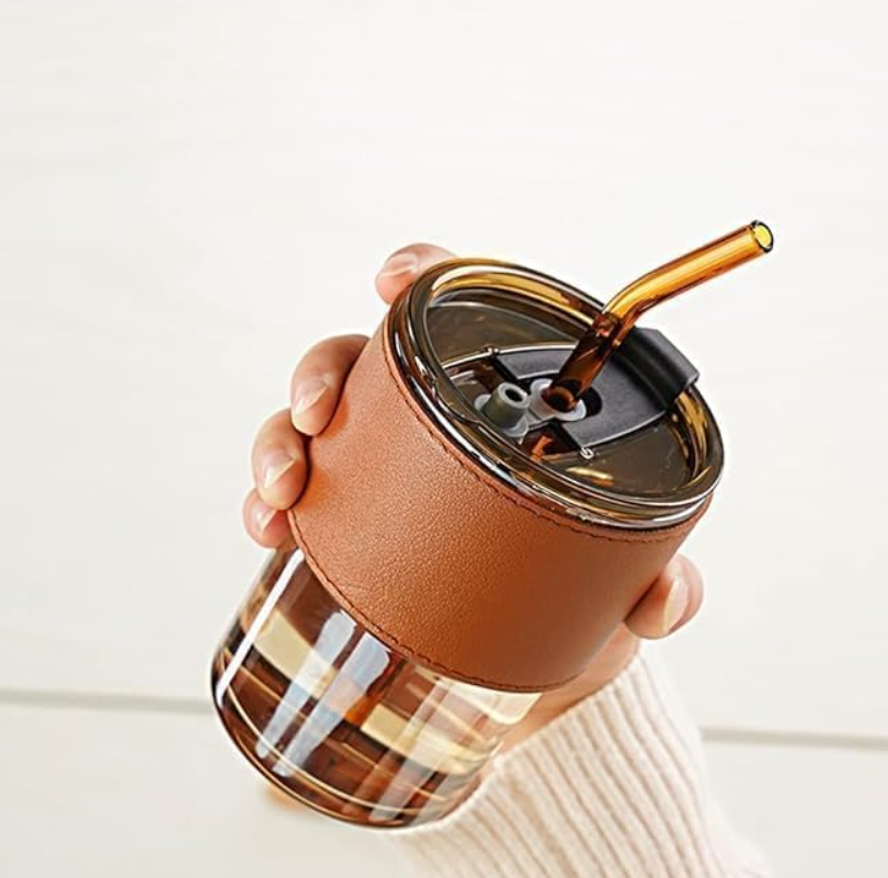 Bamboo Joint Glass Tumbler with Leather Sleeve Lid & Straw – Leakproof Sipper Mug for Hot & Cold Beverages, Durable Travel Cup for Gym, Office, Car & Everyday Use, Slub Glass (Brown)