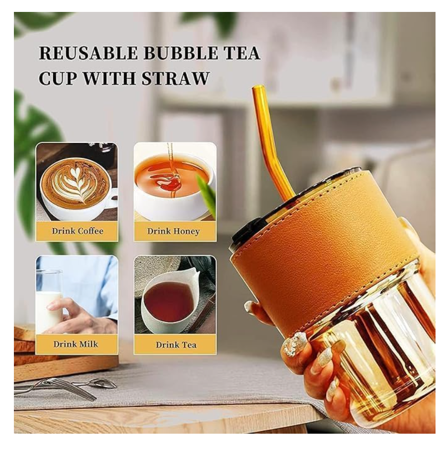 Bamboo Joint Glass Tumbler with Leather Sleeve Lid & Straw – Leakproof Sipper Mug for Hot & Cold Beverages, Durable Travel Cup for Gym, Office, Car & Everyday Use, Slub Glass (Brown)