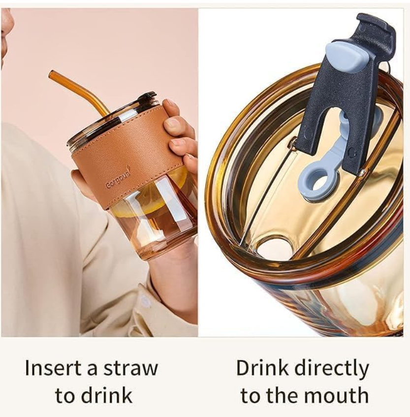 Bamboo Joint Glass Tumbler with Leather Sleeve Lid & Straw – Leakproof Sipper Mug for Hot & Cold Beverages, Durable Travel Cup for Gym, Office, Car & Everyday Use, Slub Glass (Brown)