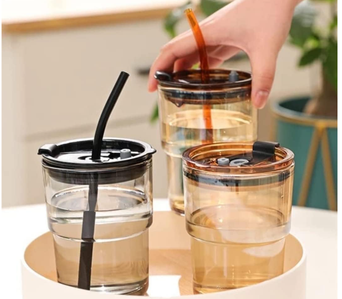 Bamboo Joint Glass Tumbler with Leather Sleeve Lid & Straw – Leakproof Sipper Mug for Hot & Cold Beverages, Durable Travel Cup for Gym, Office, Car & Everyday Use, Slub Glass (Brown)