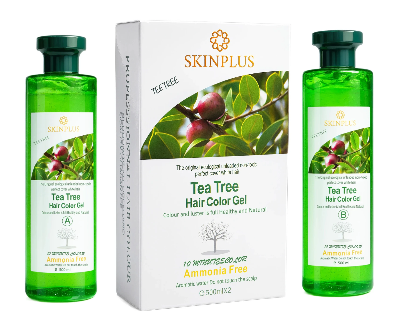 SkinPlus Tea Tree Hair Color Gel A+B | Ammonia Free Permanent Hair Color | 10 Minute Hair Dye | Natural Black | 500ml x 2