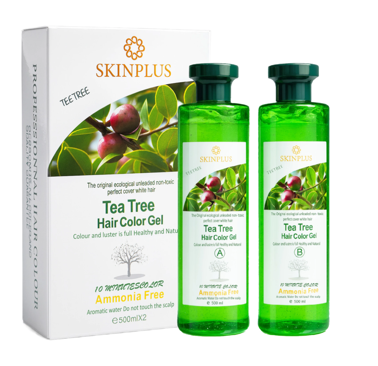 SkinPlus Tea Tree Hair Color Gel A+B | Ammonia Free Permanent Hair Color | 10 Minute Hair Dye | Natural Black | 500ml x 2