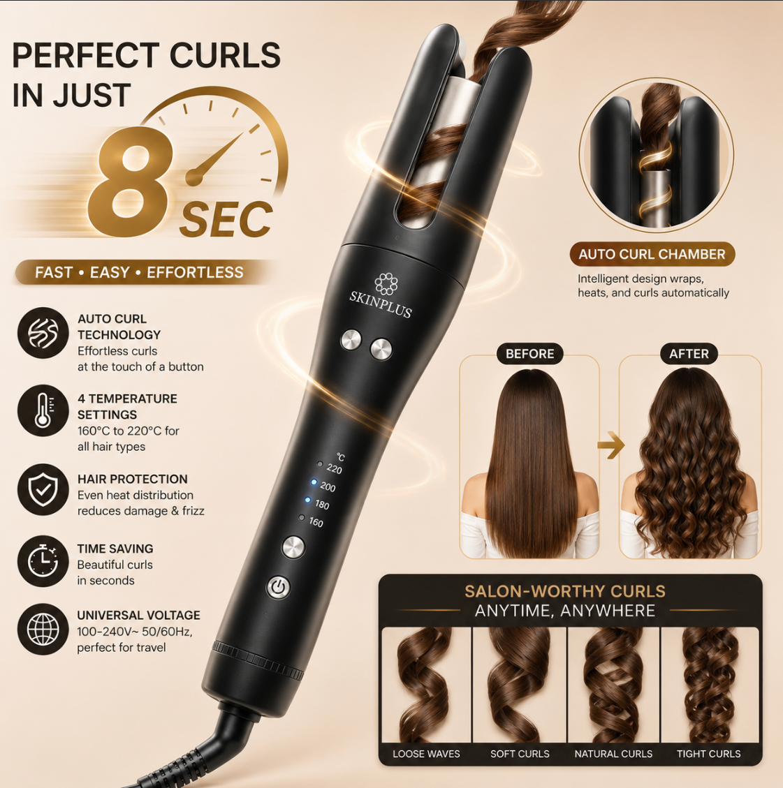Skinplus Auto Hair Curler - Titanium Plates Inside | One Year Warranty From Official Store | LONG CURL HOLD