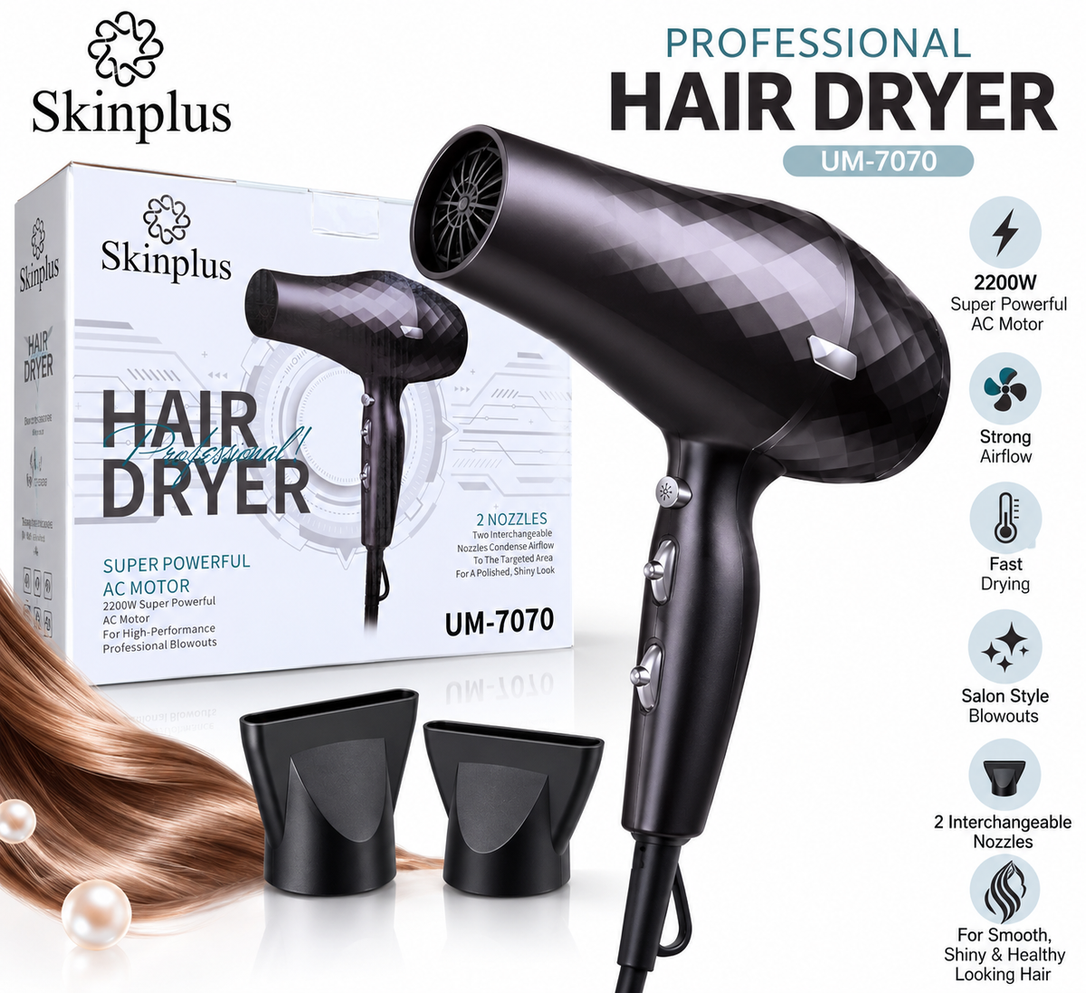 Skinplus Professional Hair Dryer UM-7070 | 2200W Powerful AC Motor with 2 Nozzles
