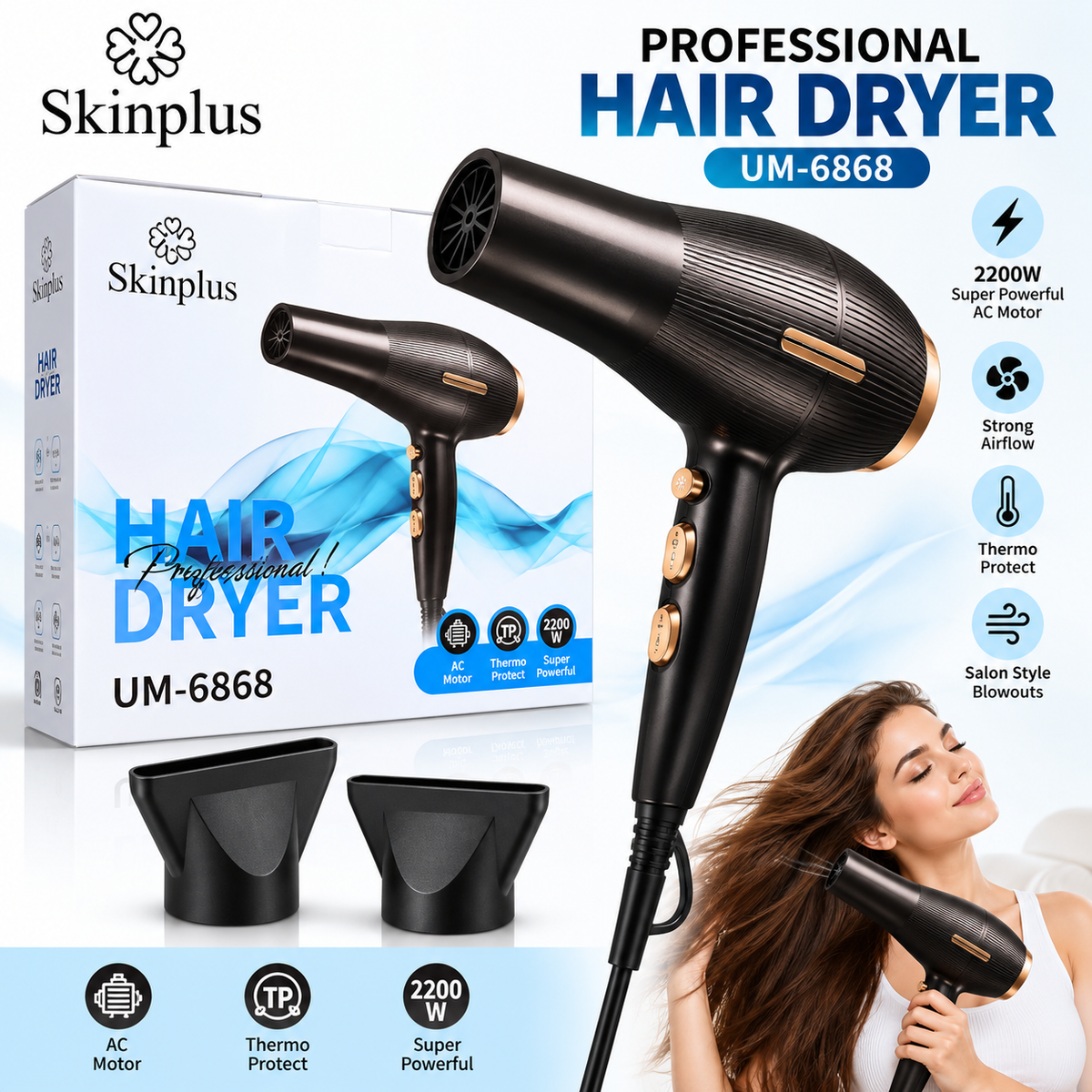 Skinplus Professional Hair Dryer UM-6868 | 2200W Powerful AC Motor with 2 Nozzles