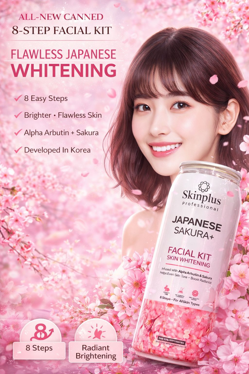 Skinplus Professional Japanese Sakura+ Can Facial Kit – Korean 8 Step Skin Brightening & Alpha Arbutin Treatment