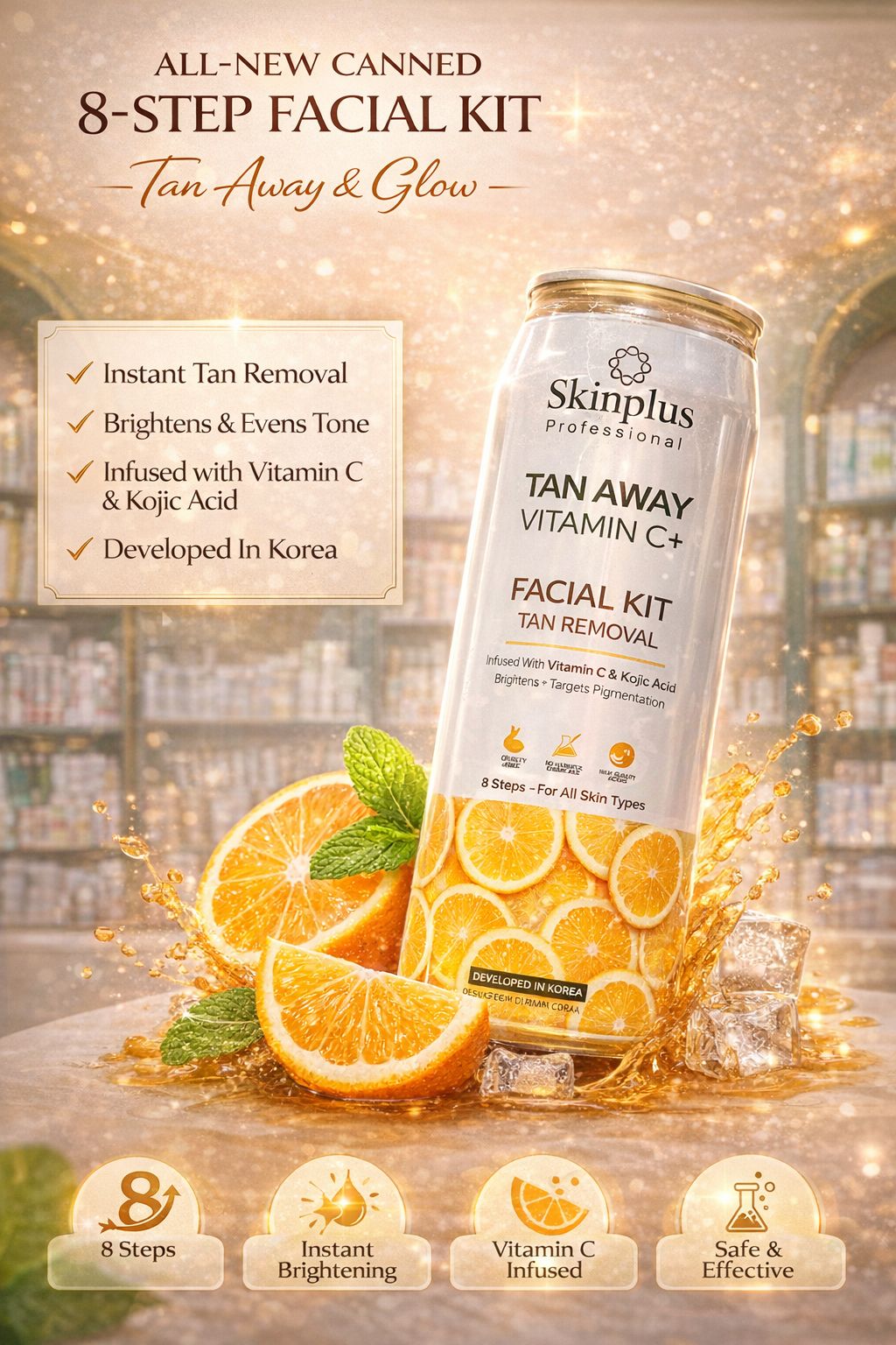 Skinplus Tan Away Vitamin C+ 8 Step Facial Kit with Korean Collagen Sheet Mask – Instant Brightening & De-Tan Glow